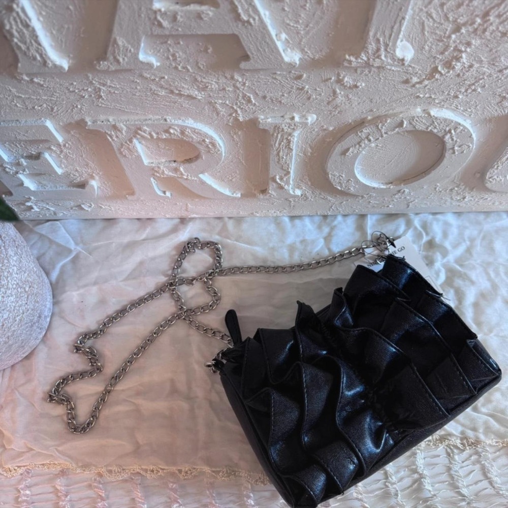 NWT Nine & Co Black Ruffled Handbag with Silver Chain